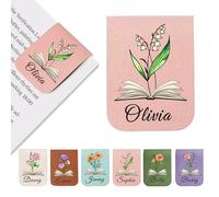 EDSG Personalised Magnetic Bookmark, Leather Name Bookmarks with Birth Flower for Book Lovers, Readers, Teacher, Students, Custom Book Mark for Women Men Christmas Birthday (Pink)