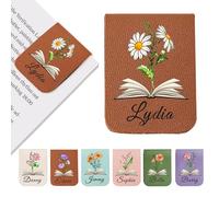 EDSG Personalised Magnetic Bookmark, Leather Name Bookmarks with Birth Flower for Book Lovers, Readers, Teacher, Students, Custom Book Mark for Women Men Christmas Birthday (Brown)