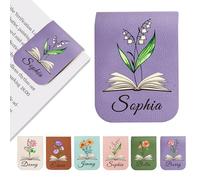 EDSG Personalised Magnetic Bookmark, Leather Name Bookmarks with Birth Flower for Book Lovers, Readers, Teacher, Students, Custom Book Mark for Women Men Christmas Birthday (Purple)