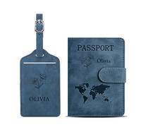 EDSG Personalised Passport Holder & Luggage Tag Set, PU Leather Passport Cover & Suitcase Tag Set with Name, Travel Essentials Gifts for Boyfriend Wife Family Friend (Cover+Tag Set Blue, Design 1)