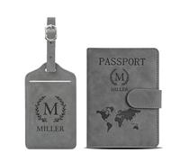 EDSG Personalised Passport Holder & Luggage Tag Set, PU Leather Passport Cover & Suitcase Tag Set with Name, Travel Essentials Gifts for Boyfriend Wife Family Friend (Cover+Tag Set Grey, Design 4)