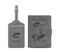 EDSG Personalised Passport Holder & Luggage Tag Set, PU Leather Passport Cover & Suitcase Tag Set with Name, Travel Essentials Gifts for Boyfriend Wife Family Friend (Cover+Tag Set Grey, Design 3)