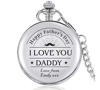 EDSG Personalised Pocket Watch Laser Engraved Watch Custom Fob Watch with Gift Box Father's Day Gift for Dad Daddy Boyfriend Husband Uncle Stepfather Grandad (Silver, Design 6)