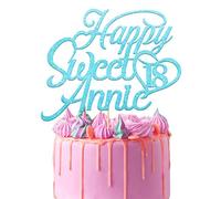 EDSG Personalised Sweet 16th Birthday | Customized with Any Age Any Name 12 16 18 21 30 Birthday Decor Cake Topper | Double Sided Glitter Birthday Cake Topper for Kids Hand Finished in UK(Baby Blue)