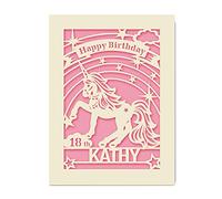 EDSG Personalised Unicorn Birthday Card | Paper Cut Unicorn Card with Happy Birthday | Custom Gift with Envelope | Hand Finished in UK 3th 7th 12th 13th 18th (Pink)