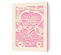 EDSG Personalised Wedding Card, Wedding Cards for Bride and Groom, Laser Paper Cut Cards with Any Name & Date, Congratulations Wedding Day for New Couples Newlywed (Pink)