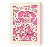 EDSG Personalised Wedding Card, Wedding Cards for Bride and Groom, Laser Paper Cut Cards with Any Name & Date, Congratulations Wedding Day for New Couples Newlywed (Fuchsia)