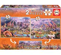 Educa - 2x100 Wild Animals Panoramic Puzzles Zoo Theme | Creates Fantastic Panorama | Educational Toy | Ages 6+ (18606)