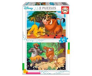 Educa - Disney Animals Lion King, Jungle Book, Simba, Baloo 2 Puzzles x 20 Pieces, Multicolor (18103)