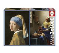 Educa - Pack of 2 1000 Piece Jigsaw Puzzles for Adults | Girl with Pearl Earring + The Milkmaid Johannes Vermeer. Includes Fix Puzzle Glue. Dimensions: 48 x 68 cm. Age 14 and up (20309)