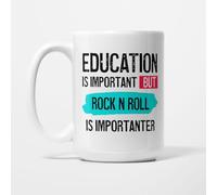 Education is Important but Rock n Roll is Importanter Mug, 15oz | Funny Rock and Roll Gift for 1950s Music Fans and Rockers, Retro Present, Ceramic Coffee Cup