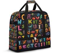 Education Letters Travel Duffel Bag for Women Men, Colorful Alphabets Foldable Sports Gym Bag Weekend Overnight Totes Carry on Cabin Bag with Shoes Compartment