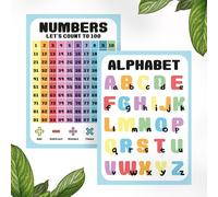 Educational Homeschool Wall Art, Laminated Number Chart, Alphabet Learning Posters, A4 Size, Pastel Colors, Reusable Wipe-Clean Surface, 2 Pack