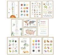 Educational Posters for Toddlers 11x17" Set of 12 - Learning Preschool Posters - Including: Alphabet, Numbers, Months, Days of the Week, Worldmap, USA Map, Solar System, Seasons, Shapes, Colors,