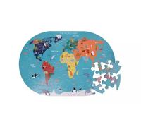 Educational World Map Jigsaw Puzzle, Wooden Construction, Round Shape with Illustrated Continents, Animals and Landmarks, Ages 3 Years and Up