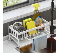 Edumov Kitchen Sink Caddy Organiser, Stainless Steel Sponge Holder Sink Caddy Organizer, Sink Caddy with Removable Drain Tray, Kitchen Sink Organiser with Dishcloth Hanger (White)
