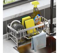 Edumov Kitchen Sink Caddy Organiser, Stainless Steel Sponge Holder Sink Caddy Organizer, Sink Caddy with Removable Drain Tray, Kitchen Sink Organiser with Dishcloth Hanger (Stainless steel)