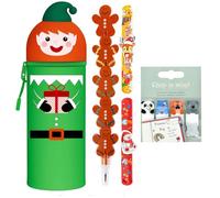 EduPlayte 2 in 1 Silicone Pencil Case - Christmas Kawaii Pencil Case Elf + 12 Clap Rings + Sharpener + Bookmark Table Pen Holder, Zip, School Supplies, Girls Boys