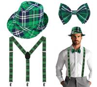 EduPlayte 3 Pcs St Patrick's Day Accessories Irish Plaid Green Fedora Hat Mens Y Back Suspenders with Clips Bow Tie for Boys Men Party Parade Costume, Green Plaid