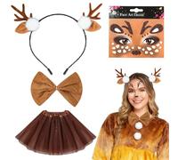 EduPlayte 4 Pieces Moose Costume Set - Face-painting, Ears Headband, Gloves, Tail, Tutu, Nose, Bowtie, Animal Fancy Accessories, Costume for Kids and Adults, Animal Theme Party, Cosplay, Halloween