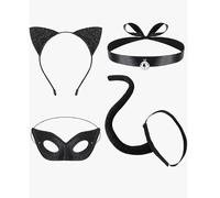 EduPlayte 4pcs Black Cat Costume Set for Women, Sequins Black Cat Ears Cat Tail Masquerade Eye Cover Tail, Catwoman Costume Accessories for Women Halloween Cosplay