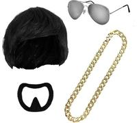 EduPlayte 4PCS Ibiza Final Boss Costume Accessory Set, Hip Hop Costume Kit, Black Bowl Cut Wig, Goatee Stick On, Gold Chain & Glasses - Funny Fancy Dress Costume Kit for Festivals, Parties, Carnival