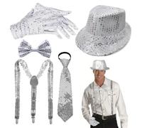 EduPlayte 5 Pcs Glitter Outfits for Men, Outfit Sequins Accessories with Glitter Tie, Hat, Gloves, Bow Tie, Suspenders for 70s Fancy Dress Party,Dance Performance,Hip Hop Jazz Shows