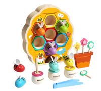 edutree Montessori Wooden Bee Sorting Toy for Toddlers, Colour Matching Fine Motor Skills Game with Beehive, Honey Jars, Flowers & Tweezers, Preschool Learning Gift for Boys Girls Age 2 3 4