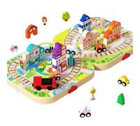 edutree Wooden City Building Blocks Train Track Set, 58PCS Construction Stacking Toddler Toy with Portable Folding Playboard Case, Montessori Preschool Educational Gift for Kids Boys Girls 3-5 4-8