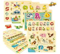 edutree Wooden Peg Puzzles for Toddlers 2-4, 6 Pack Learning Educational Montessori Toys, Puzzles Gift for Kids Girs Boys 1-3 with Alphabet Number Animal Shape