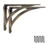 EDUWURXS Ironbridge Antique Brass Shelf Brackets 4x5.5in, Pair | Heavy-duty antique brass-effect shelf brackets for wall-mounted shelving with a traditional finish.