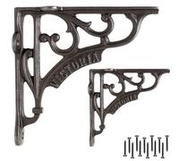 EDUWURXS Victoria Cast Iron Shelf Brackets 6x6in Heavy Duty, Pair | Heavy-duty cast iron shelf brackets with an industrial finish for wall-mounted wooden shelving.