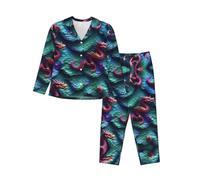 EdWal 3D Magical Dragon Scales Pattern print Pajama Set for Women Women Pajama Set Fashion Long-Sleeve Shirt and Full Length Bottom Black