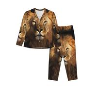 EdWal African animal lion print Pajama Set for Women Women Pajama Set Fashion Long-Sleeve Shirt and Full Length Bottom Black