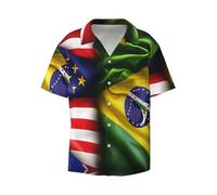 EdWal American and Brazilian Flags Print Mens Short Sleeve Button Down Shirts Casual Loose Fit Summer Beach Shirts Men's Dress Shirts Black