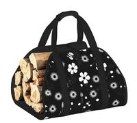EdWal Black and White Floral Print Print Log Carrier Bag with Open Sides Wood Log Holder for Fireplace Tote Bag Fireplace Accessory