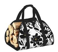 EdWal Black and White Flowers Print Log Carrier Bag with Open Sides Wood Log Holder for Fireplace Tote Bag Fireplace Accessory