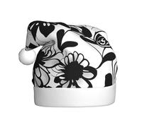 EdWal Black And White Flowers Print Plush Santa Hat, Christmas Hats For Adults, Cozy Holiday Headwear, For Christmas Parties