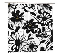 EdWal Black And White Flowers Print Polyester Shower Curtain For Bathroom With Hooks 185cm Long, Waterproof Bath Accessories
