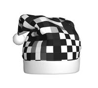 EdWal Black White Formula Checkered Pattern Print Plush Santa Hat, Christmas Hats For Adults, Cozy Holiday Headwear, For Christmas Parties