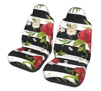 EdWal Black White Stripes Red Rose Flowers Print Front Seat Covers, Easy To Install Two Car Seat Protector Cover Set Accessories Auto Trucks Suv