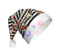 EdWal Black White Stripes Red Rose Flowers Print Led Christmas Beanie Light Up Christmas Hats, Knit Hats With Led Lights, Unisex Winter Santa Hat