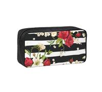 EdWal Black White Stripes Red Rose Flowers Print Pen Organizer Bag Pouch Large Capacity Pencil Case with Zipper Durable Pen Case for Stationery