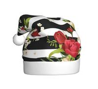 EdWal Black White Stripes Red Rose Flowers Print Plush Santa Hat, Christmas Hats For Adults, Cozy Holiday Headwear, For Christmas Parties