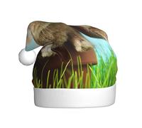 EdWal Bunny On Green Grass Print Plush Santa Hat, Christmas Hats For Adults, Cozy Holiday Headwear, For Christmas Parties