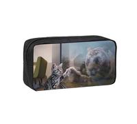 EdWal Cat and Reflection Tiger Animal Print Pen Organizer Bag Pouch Large Capacity Pencil Case with Zipper Durable Pen Case for Stationery
