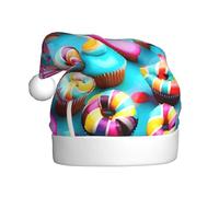 EdWal Colorful Sweet Lollipop Cupcake Donut Print Plush Santa Hat, Christmas Hats For Adults, Cozy Holiday Headwear, For Christmas Parties