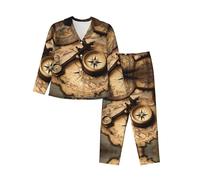 EdWal Compass and Old World Map print Pajama Set for Women Women Pajama Set Fashion Long-Sleeve Shirt and Full Length Bottom Black