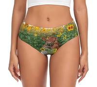 EdWal Cow In Sunflowers Print Womens High-Waisted Briefs Panties, Moisture-Wicking Underwear, Bikini Brief Underwear Black