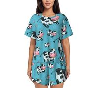 EdWal Cow Print Women'S Pajama Sets Lounge Wear Set Soft Loungewear Short-Sleeved Pjs And Shorts Black